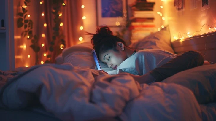 Person relaxing in a softly lit bedroom before bed
