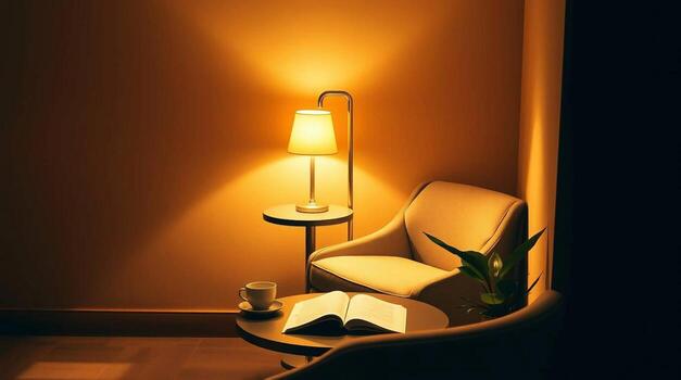 Soft lamp light over a cozy reading nook in the evening